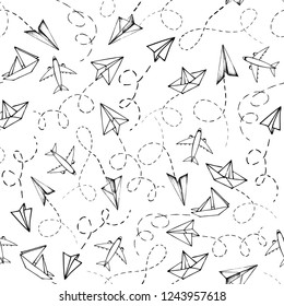 Abstract background with hand drawn paper airplane. Travel, route symbol. Seamless pattern. Vector illustration.