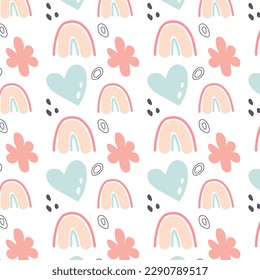 Abstract background with hand drawn rainbow, flowers, heart sign. Seamless pattern. Scandi childish background.  Fashionable texture for nursery, textiles, wrapping paper. Vector illustration