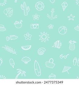Abstract background with hand drawn summer icons. Seamless pattern. Vector illustration