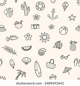 Abstract background with hand drawn summer icons. Seamless pattern. Vector illustration