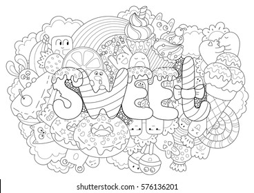 Abstract background with hand drawn text sweet. Texture for typography. Template for advertising, postcards, banner, web design, printing on clothes. Set of cartoon characters. Line art detailed