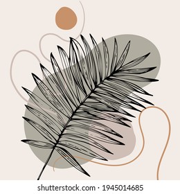 Antecedentes abstractos: silueta de hoja tropical dibujada a mano, formas geométricas, líneas curvas. Ilustración vectorial para medios sociales, portada, afiche, invitaciones en diseño geo-minimalista, diseño mínimo