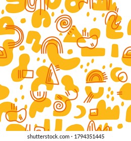 Abstract background. Hand drawn various shapes and doodle objects. Contemporary modern trendy vector illustration. Seamless pattern.