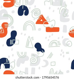 Abstract background. Hand drawn various shapes and doodle objects. Contemporary modern trendy vector illustration. Seamless pattern. For backgrounds, packaging, textile and various other designs.
