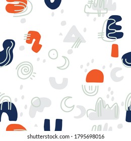 Abstract background. Hand drawn various shapes and doodle objects. Contemporary modern trendy vector illustration. Seamless pattern.
