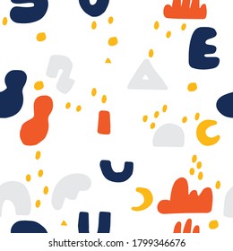 Abstract background. Hand drawn various shapes and doodle objects. Contemporary modern trendy vector illustration. Seamless pattern.