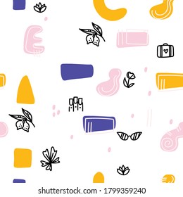 Antecedentes abstractos. Dibujaron a mano varias formas y objetos de garabatos. Ilustración vectorial moderna y contemporánea para artista de maquillaje, manicurista. Patrón sin foco para el salón de belleza