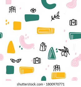 Abstract background. Hand drawn various shapes and doodle objects. Contemporary modern trendy vector illustration for makeup artist, manicurist. Seamless pattern for beauty salon
