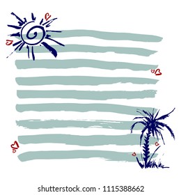 Abstract background with hand drawn vector sketchy elements: sun, stripes, palm, hearts. Blue and red elements on a white background.