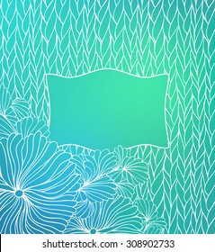 Abstract background with hand drawn white pattern with flowers and frame with space for text