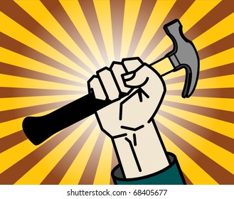 Abstract background with hand holding a hammer, vector illustration