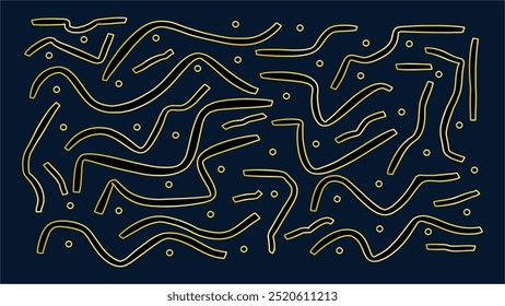 Abstract background with hand -made organic lines and circles. Black lines and circles with gold contour. Dark blue background.