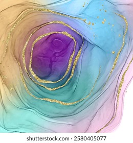 abstract background with a hand painted alcohol ink design with gold glitter