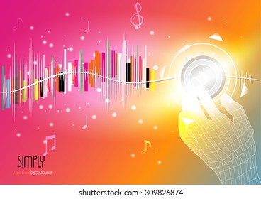 Abstract background of hand push button with sound radian and note