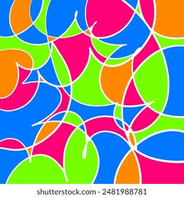 Fondo Abstractas con Formas dibujadas a mano en colores de neón brillante (azul, lima, naranja, fucsia) delineado con trazos blancos ubicados asimétricamente como en la ventana de vidrio teñido o caleidoscopio.