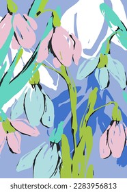 Abstract background with hand-drawn snowdrops. Spring flowers in handmade technique. Vector illustration. Crocuses for the design of invitations, cards and layouts.