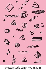 Abstract background. Hands draw colorful geometric elements for your design. Memphis style. Vector illustration. Cool modern illustration.