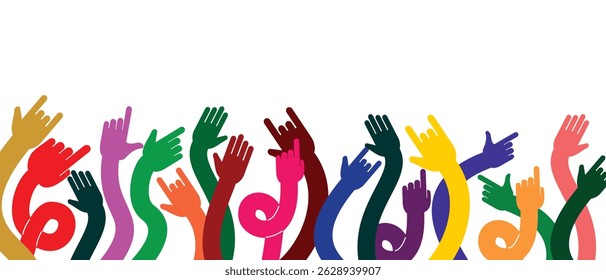 abstract background of hands raised, colorful, concert decoration and humanity day.