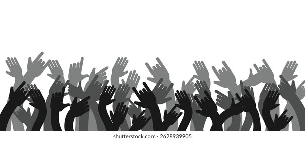 abstract background of hands raised, grey and black, concert decoration and humanity day.