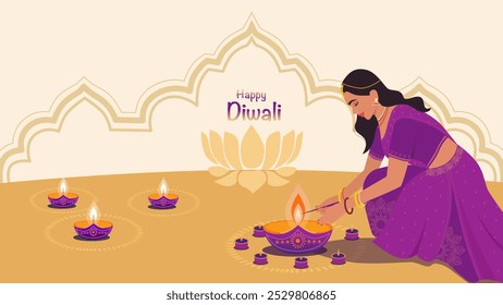 Abstract background for Happy Diwali in beige tones with oil lamps and beautiful Indian woman in traditional purple dress. Text with wishes