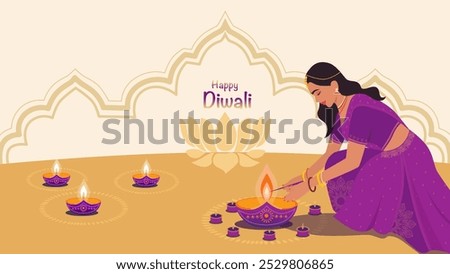 Abstract background for Happy Diwali in beige tones with oil lamps and beautiful Indian woman in traditional purple dress. Text with wishes