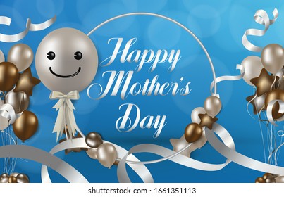 abstract background of happy mother's day text with balloons and ribbon