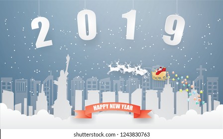 Abstract background Happy new year and Merry Christmas with Santa Claus and reindeer on the sky coming to  New York City USA in winter season on text 2019 background,paper craft style and illustration