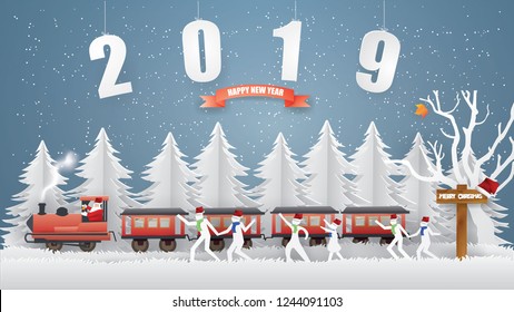 Abstract background Happy new year and Merry Christmas concept with Santa Claus driving the train and Children are running after in winter season ,paper craft style