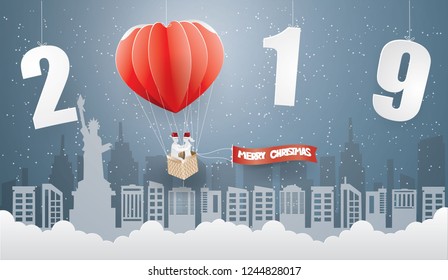 Abstract background Happy new year and Merry Christmas  with Couple in red balloon on the sky in winter season coming to New York City USA background in winter season.vector craft style.