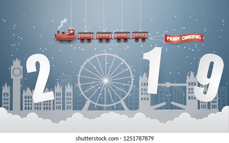 Abstract background Happy new year and Merry Christmas with Santa Claus driving the train in the sky coming to LONDON background in winter season,paper craft style and illustration