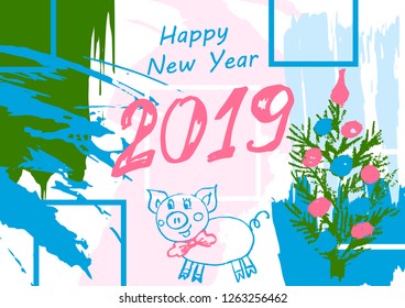 Abstract background Happy New Year 2019. Cover, flyer, banner, web, print. Acrylic paints, brushes, blots. Wallpaper