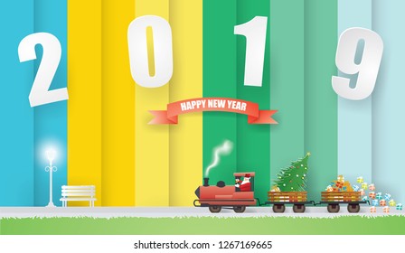 Abstract background Happy new year and Merry Christmas with Santa Claus driving Vintage Transportation Train carry Christmas tree and gift in winter colorful background,paper art and vector style