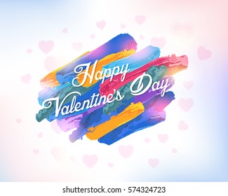 Abstract Background, Happy Valentine's Day Postcard, Web Banner Celebration Design. Greeting Card, Vector Flyer, Poster. Multicolored Water Colors Elements
