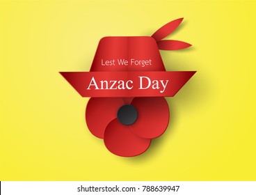 Abstract background with hat and flower for Anzac Day on 25 April. Paper craft design with copy space.