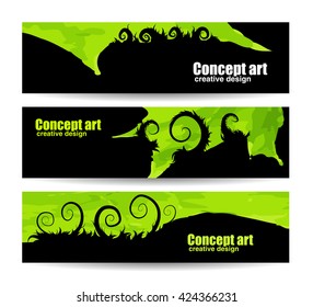 Abstract background header or banner. Creative mystery design. Extraterrestrial worlds image. Far different planet. Concept art for the game. Set of templates. Vector. Isolated.
