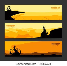 Abstract background header or banner. Creative mystery design. Extraterrestrial worlds image. Far different planet. Concept art for the game. Sunrise sunset banners. Vector. Isolated.
