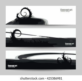 Abstract background header or banner. Creative mystery design. Extraterrestrial worlds image. Far different planet. Concept art for the game. Sunrise sunset banners. Vector. Isolated.