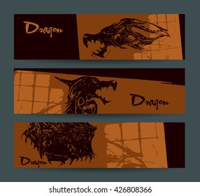 Abstract background, header, banner. Creative mystery design. Dragon  illustration. Underworld image. Underground graphic. Concept art for the game. Sunrise sunset banners. Vector. Isolated.