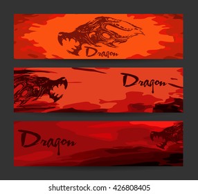 Abstract background, header, banner. Creative mystery design. Dragon  illustration. Underworld image. Underground graphic. Concept art for the game. Sunrise sunset banners. Vector. Isolated.