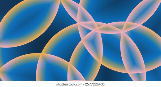 Abstract Background, Header or Banner Design with Large Yellow and Blue Overlaying Intersecting Globes, Bubbles Pattern - Multi Purpose Creative Wide Scale Template for Web in Editable Vector Format