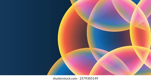 Abstract Background, Header or Banner Design with Large Red, Orange, Yellow and Blue Overlaying Globes, Bubbles Pattern - Multi Purpose Creative Wide Scale Template for Web in Editable Vector Format