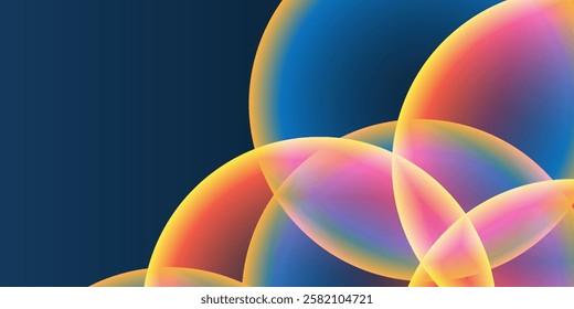 Abstract Background, Header or Banner Design with Large Red, Orange, Yellow and Blue Overlaying Globes, Bubbles Pattern - Multi Purpose Creative Wide Scale Template for Web in Editable Vector Format