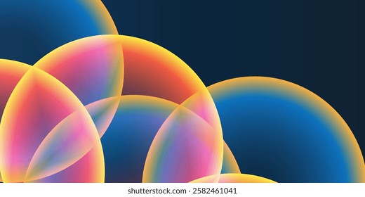 Abstract Background, Header or Banner Design with Large Red, Orange, Yellow and Blue Overlaying Globes, Bubbles Pattern - Multi Purpose Creative Wide Scale Template for Web in Editable Vector Format