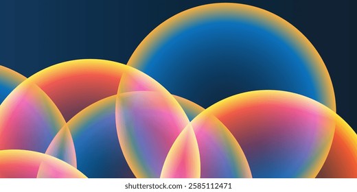 Abstract Background, Header or Banner Design with Large Red, Orange, Yellow and Blue Overlaying Globes, Bubbles Pattern - Multi Purpose Creative Wide Scale Template for Web in Editable Vector Format