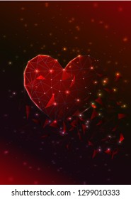 Abstract background. Heart formed of lines and triangles crashing into pieces,  tech vector illustration. Valentine's day.