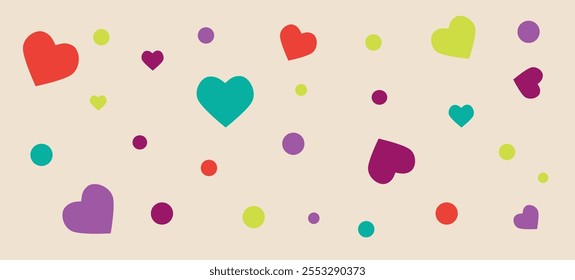 fundo abstrato com corações e círculos em um fundo bege delicado, um modelo para design de parede, tecido, papel de parede, wrappers, embalagem de dia dos namorados