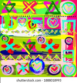 Abstract background with hearts and crosses made of brushstrokes and a drop.