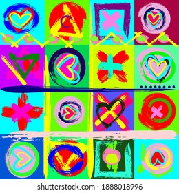 Abstract background with hearts and crosses made of brushstrokes and a drop.