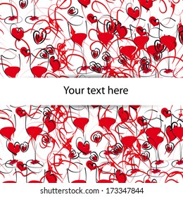 abstract background with hearts and glasses of red wine. Theme Valentine's Day