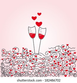 abstract background with hearts and glasses of red wine. Theme Valentine's Day